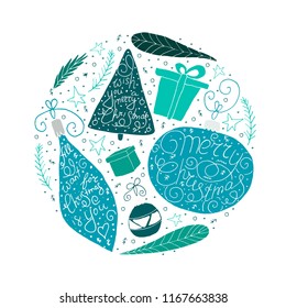 Christmas cute hand drawn objects: christmas tree, balls, branches, gifts in circle. Vector.