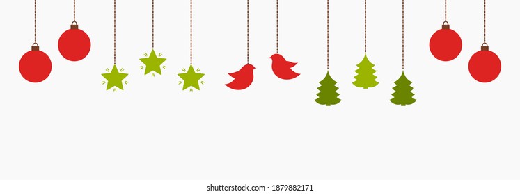 Christmas cute hanging ornaments in red and green colors. Vector illustration.
