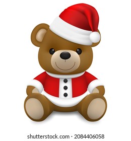 Christmas cute happy brown bear doll Santa Claus toys wear a red hat for the new year in winter season.