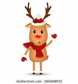 Christmas Cute, happy Reindeer greeting isolated on white background. Reindeer for winter and new year holidays. Happy Reindeer  vector cartoon character.  