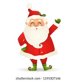 Christmas Cute, happy Santa Claus with a raised right hand and greeting isolated on white background. Santa clause for winter and new year holidays. Happy Santa Claus vector cartoon character.