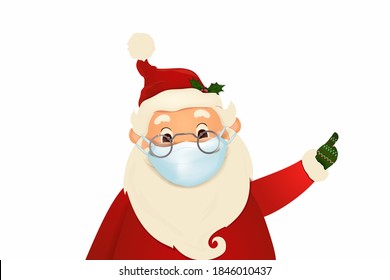 Christmas Cute, happy Santa Claus with  Wearing Medical Face Mask and greeting isolated on white background. Safe holidays during pandemic outbreak health crisis. Santa Claus vector cartoon character.