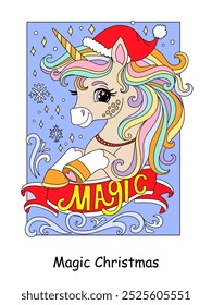 Christmas cute happy unicorn in Santa hat. Magic lettering. Vector cartoon colorful illustration. New year concept. For book illustration, stickers, print, game, postcards, puzzle, design