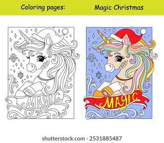 Christmas cute happy unicorn in Santa hat. Magic lettering. Vector cartoon monochrome illustration with color sample. Coloring book page for children. For education, print, game,design