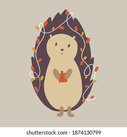 Christmas cute hedgehog with colorful light garland