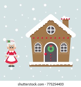 christmas cute house with cartoon mrs claus