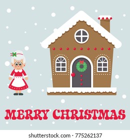 christmas cute house with cartoon mrs claus and text