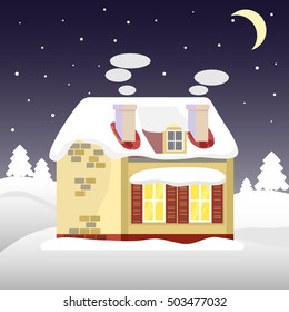 Christmas cute house on a background of winter night. Flat style. Little cottage. Merry Christmas card.
