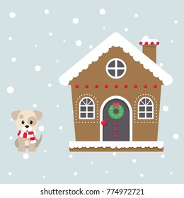 christmas cute house with winter dog