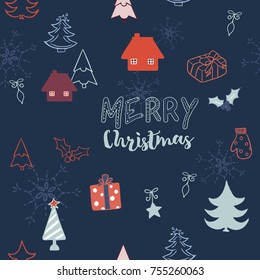 Christmas cute icon background  seamless pattern, hand draw sketch vector illustration.