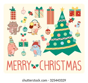 Christmas cute icons and animals vector set