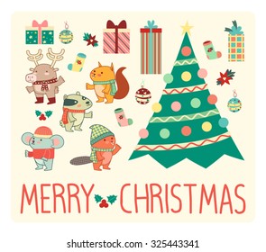 Christmas cute icons and animals vector set