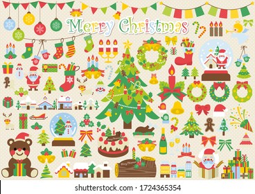 Christmas cute icons, Christmas tree, Santa Claus
