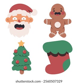 Christmas cute icons vector cartoon set isolated on a white background.