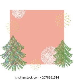Christmas cute illustration with trees and abstract circles for card, banner or invitation. Vector graphics