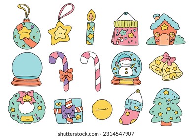 christmas cute kawaii elements doodles hand drawn illustration vector