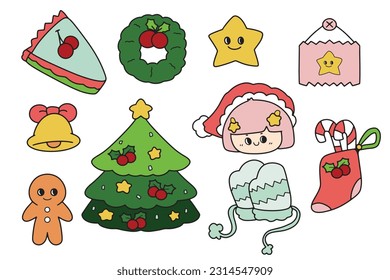 christmas cute kawaii elements doodles hand drawn illustration vector