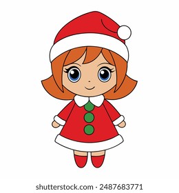 Christmas Cute Kid Girl   vector illustration, cartoon, clipart and line art design