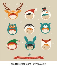 Christmas cute kids icons - deer, bear, santa, fox, bunny