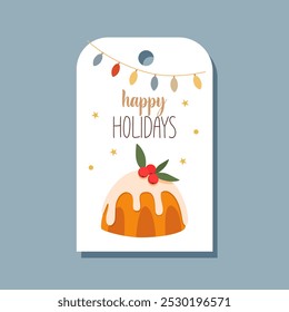 Design de etiqueta bonito de Natal com bolo de férias, grinalda decorativa e letras Férias felizes.