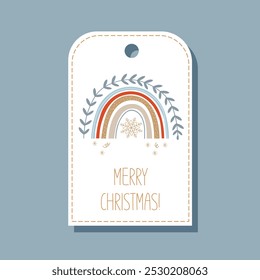 Christmas cute label design with holiday boho rainbow, and lettering Merry Christmas.