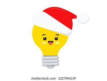 Christmas cute light bulb in santa hat smile laugh funny cartoon vector character. Flat design kawaii electric lamp emoji with face illustration isolated on white background. Lightbulb xmas mascot.