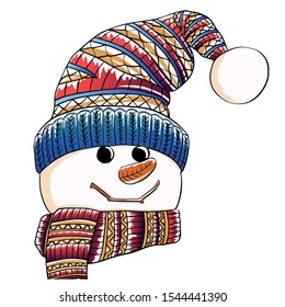 Christmas Cute Little Cheerful Snowman illustration with line color art
