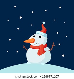 Christmas Cute Little Cheerful Snowman with Red Scarf and Santa Cap in snow. Christmas cartoon character.