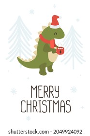 Christmas cute little dino tyrannosaur with mug poster. Print for wall art, apparel, card, textile, fabric, nursery, stationery.