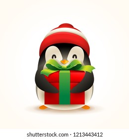 Christmas Cute Little Penguin with Santa’s Cap and Gift Present.