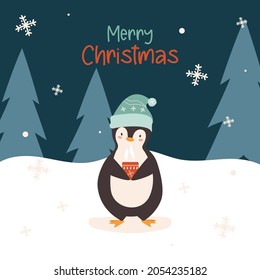 Christmas Cute Little Penguin with Santa Cap and hot drink. Vector illustration in flat style