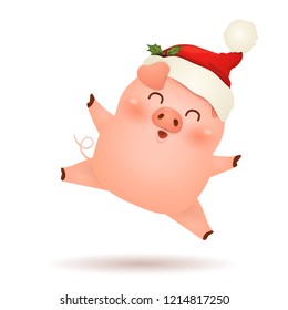 Christmas cute, little Pig cartoon character design with Christmas Santa Claus Red hat feeling excited isolated on white background. Upside down. The year of the pig. Happy New Year.