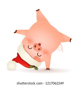 Christmas cute, little Pig cartoon character design with Christmas Santa Claus Red hat standing on his arm isolated on white background. Upside down. The year of the pig. Happy New Year.