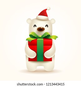 Christmas Cute Little Polar Bear with Santa’s Cap and Gift Present.