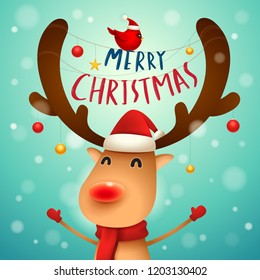 Christmas Cute Little Reindeer with Red Scarf and Santa’s Cap. Christmas cute animal cartoon character. Christmas Cute Little Reindeer with Red Scarf and Santa’s Cap. Christmas cute animal cartoon character.