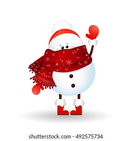 Christmas cute, little Snowman waving hand isolated on white background. vector cartoon illustration. 