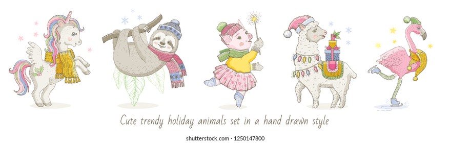 Christmas cute magic tropical animal: unicorn, sloth, pig, lama, flamingo. Hand drawn trendy doodle icon set. Merry Xmas & Happy New year cartoon sketch. Watercolor vector illustration isolated white