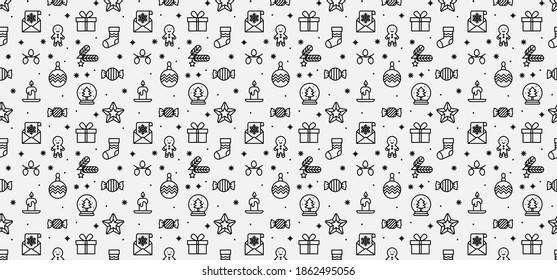 Christmas cute monochrome pattern. Funny flat cartoon icons. Xmas and winter holidays elements background. Print for fabric, wrapping paper or wallpaper. Happy New Year and Christmas Day