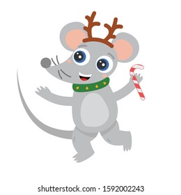 Christmas cute mouse dancing smiling with deer horns and candy in the paw, with big eyes. flat cartoon vector illustration