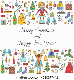 Christmas cute new year winter holidays doodles vector illustration