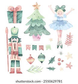 Christmas Cute Nutcracker Watercolor Element Bundle Collection