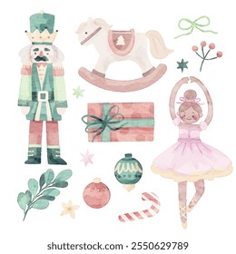 Christmas Cute Nutcracker Watercolor Element Bundle Collection