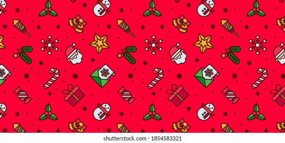 Christmas cute pattern. Funny flat cartoon icons. Xmas and winter holidays elements on red background. Print for fabric, wrapping paper or wallpaper. Happy New Year and Christmas Day
