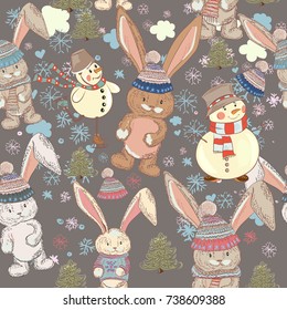 Christmas cute pattern with pretty hare or rabbits, snowmen and snowflakes. Holiday illustration