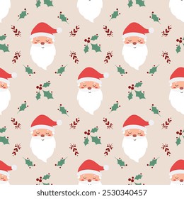 Christmas cute pattern with Santa and leaves. Happy Holidays New Year card. Vector graphics. Light background, snowy. Mistletoe, Happy Santa. Seamless print