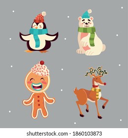 christmas cute penguin bear reindeer and gingerbread man icons vector illustration