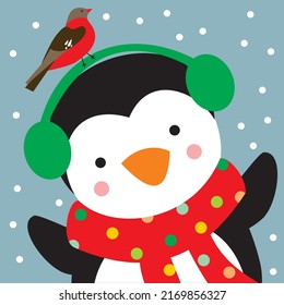 Christmas Cute Penguin with bird
