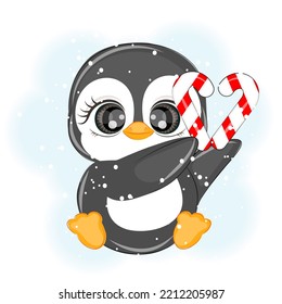 Christmas cute penguin with candy, vector illustration