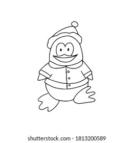 Christmas cute penguin dressed as Santa Claus. Festive winter concept. Doodle style. Vector illustration on isolated background. For printing on fabric, postcards, web.