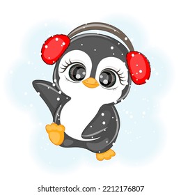 Christmas cute penguin in fur headphones, vector illustration